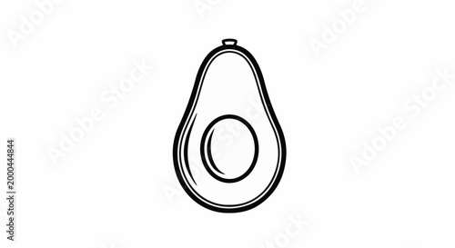 A simple black and white outline drawing of a sliced avocado