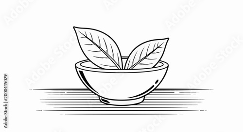 A simple line drawing of a bowl with two leaves inside on a striped surface