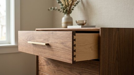 A focused view of a finely crafted dresser drawer with minimalist handles, smooth wood grain, and precise joinery in a refined interior, soft natural light, modern elegant atmosphere, ultra-realistic,