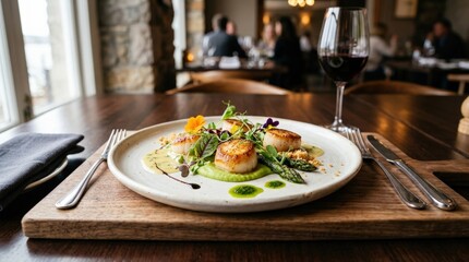 Gourmet plated culinary dish on a wooden board with microgreens and sauce, upscale restaurant dining concept, elegant food presentation, realistic photography, no logos