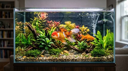 Goldfish swimming in home aquarium, colorful aquatic pet scene with clear water and soft light, realistic detail, no logos