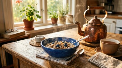 Steaming blue ceramic bowl on wooden table with copper kettle and golden sunlight, cozy breakfast or tea ritual, warm morning atmosphere, realistic detail, no logos