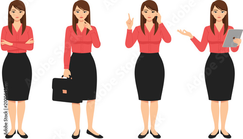 Business Woman Character Set with Professional Outfit and Different Poses Including Presentation, Thinking, and Working for Corporate Illustration and Office Design Projects.