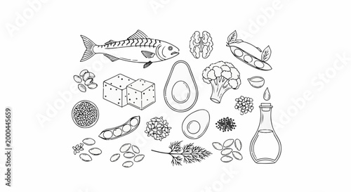 A simple line drawing of various healthy foods, including fish, avocado, and nuts