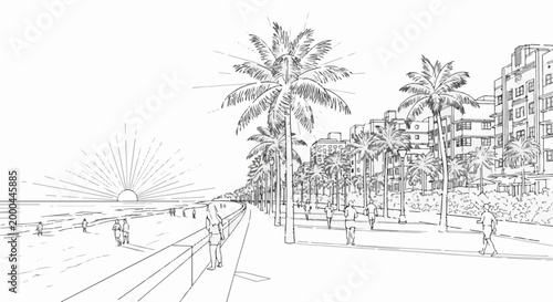 A stylized sketch of a seaside promenade with palm trees and buildings