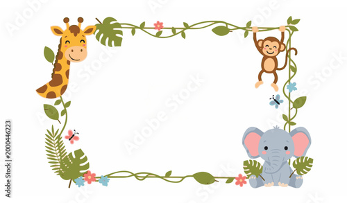 Cute Jungle Animals Baby Shower Frame Vector with Giraffe Monkey and Elephant Cartoon Border