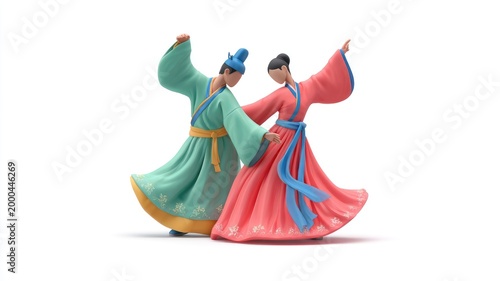 A Graceful 3D Duet: Stylized Chinese Dancers in Flowing Hanfu Robes