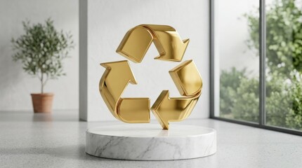 A glossy gold recycle icon standing on a white marble podium, reflective metallic surface and clean minimal setting, soft diffused light and polished eco-luxury atmosphere, ultra-realistic, no logos.
