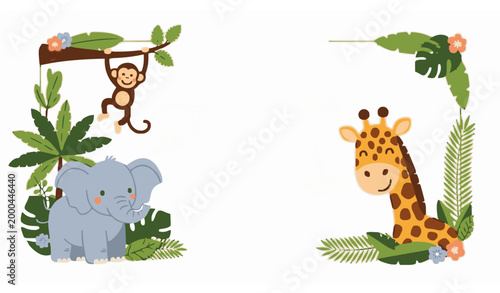 Photography Playful Jungle Animal Baby Shower Border Vector with Cute Giraffe Monkey and Ele