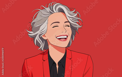 Joyful Stylish Senior Woman Laughing Against Red Background