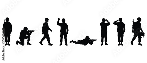 Silhouettes of disciplined military soldiers in various tactical poses, including aiming, observing, saluting, and communicating, on a clean white background.