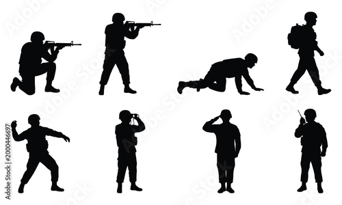 Silhouette soldiers in various combat and tactical poses, including aiming, crawling, and walking.