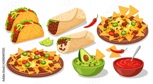 A colorful array of Mexican food, including tacos, burritos, nachos, and guacamole, is presented in a vibrant illustration against a white background, evoking a festive Cinco de Mayo