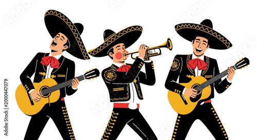Three mariachi musicians with traditional sombreros and charro suits perform in a vibrant Cinco de Mayo Mexican celebration, captured in a colorful illustration against a clean white