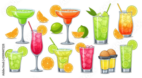 A colorful assortment of festive cocktails against a white background showcases a lively Cinco de Mayo Mexican celebration, rendered in a vibrant, illustrative style with various fruity