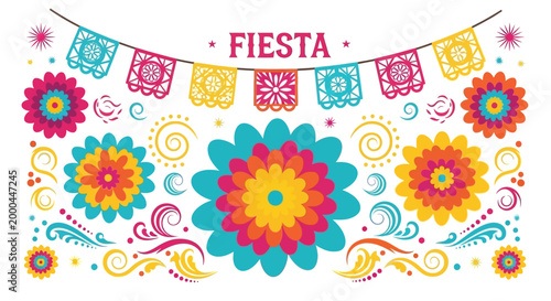 A festive Cinco de Mayo celebration unfolds with colorful Mexican fiesta decorations of papel picado banners and vibrant floral designs against a white background in a flat lay composition