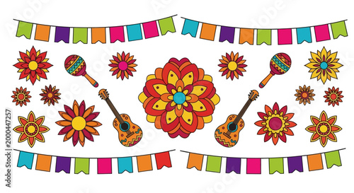 An overhead, flat-lay illustration presents a festive Cinco de Mayo Mexican celebration with vibrant flowers, guitars, and maracas arranged against a clean white background, enhanced