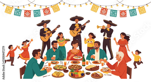 A lively illustration captures a joyous Cinco de Mayo Mexican celebration with families gathered around a festive table, musicians playing traditional music, all set against a clean white