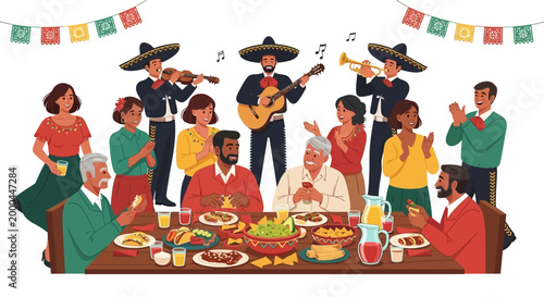 A festive Cinco de Mayo Mexican celebration is underway as a group of people feast at a long table laden with traditional food, while musicians in sombreros play guitar, violin, and trumpet