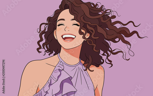 Joyful young woman with curly hair laughing happily