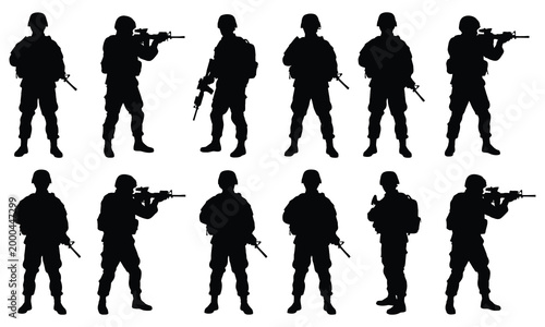 Group of soldier silhouettes in uniform, many holding rifles, ready for duty.