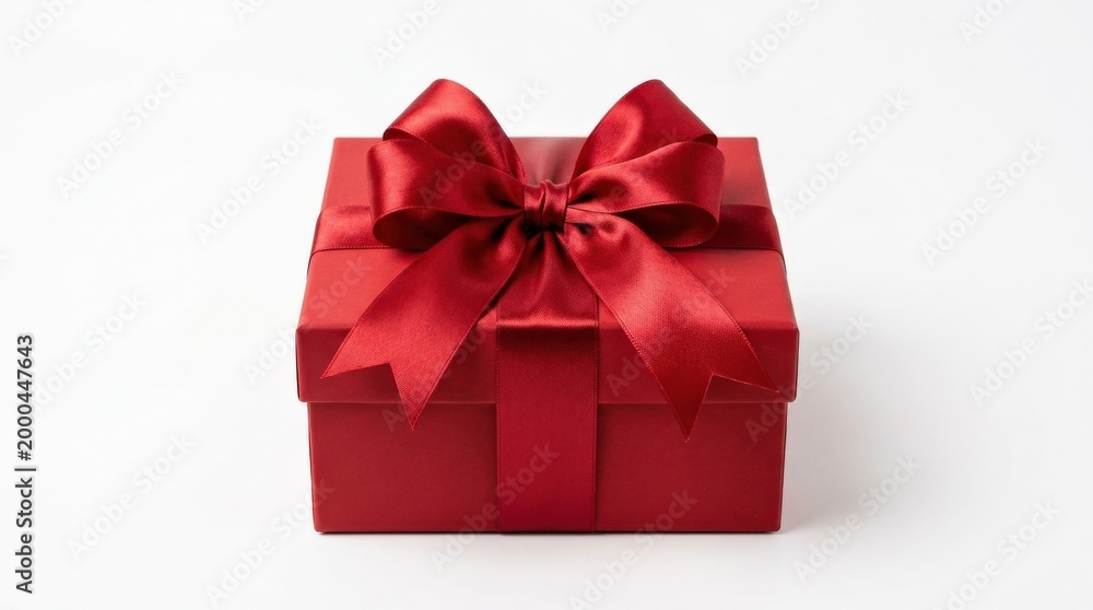 Fototapeta premium A festive gift box wrapped with a glossy ribbon and bow on a clean white background, crisp edges, reflective satin texture and balanced composition, bright studio light and polished celebratory mood,