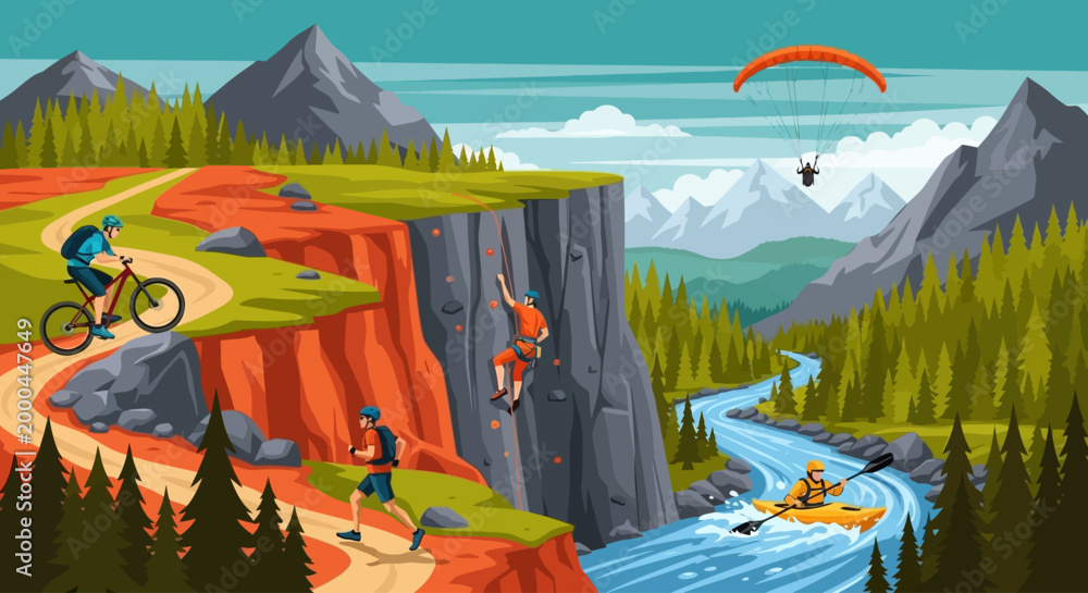 Fototapeta premium Outdoor Adventure Scene with Cyclist, Rock Climber, Paraglider, and Rafters