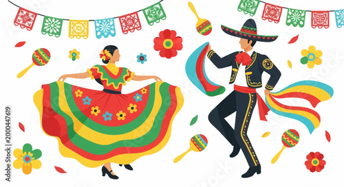 Colorful Cinco de Mayo illustration depicting a traditionally dressed Mexican couple dancing with maracas against a white background, adorned with vibrant paper decorations and flowers
