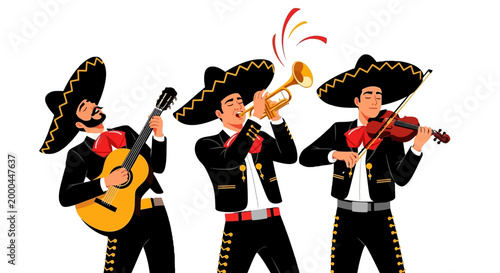 Three mariachi musicians in traditional black suits and sombreros are joyfully playing a trumpet, violin, and guitar in celebration of Cinco de Mayo against a clean white backdrop