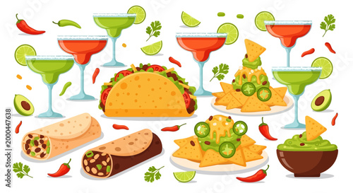 A festive Cinco de Mayo food spread featuring tacos, burritos, and nachos with guacamole, accompanied by colorful cocktails and lime slices, presented in a bright, flat lay composition