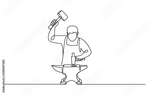 Blacksmith hammering metal on anvil continuous line art blacksmith illustration industry smithing metalworking craftsman traditional manufacturing equipment construction occupation