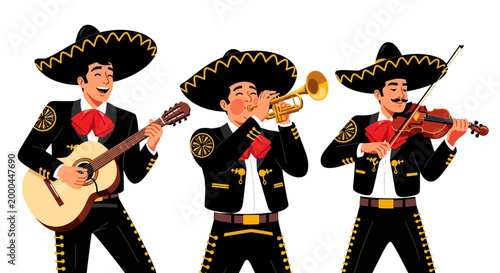 Celebrating Cinco de Mayo, a musical trio wearing traditional charro outfits, one strumming a guitar, another playing a trumpet, and the third a violin, all depicted in a vibrant, cartoon