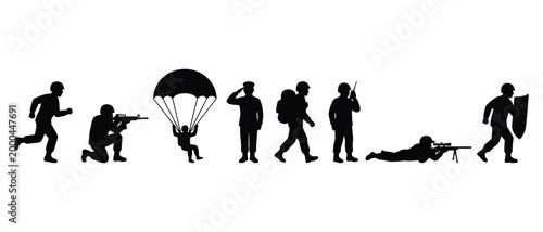 Silhouette soldiers in various poses, including running, aiming, parachuting, and standing at attention.