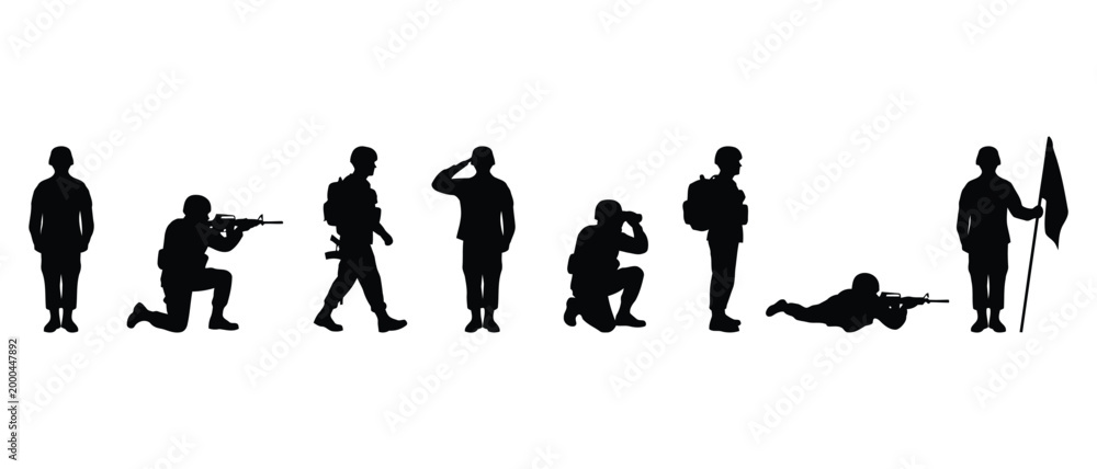 Obraz premium Silhouette soldiers in various poses, including aiming, saluting, and holding a flag.
