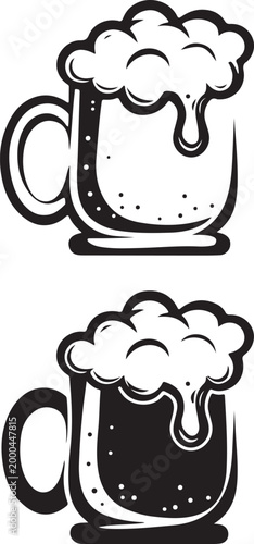 Two beer mugs with foam hand drawn vector illustration in black and white line art style.