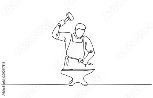 Blacksmith hammering metal on anvil continuous line art blacksmith illustration industry smithing metalworking craftsman traditional manufacturing equipment construction occupation