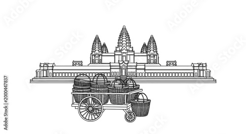 Intricate Black and White Illustration of Ancient Temple and Cart.