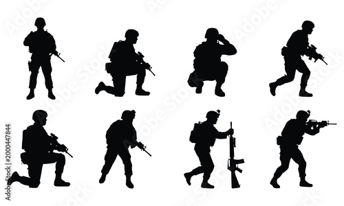 Silhouette of soldiers in combat stances, kneeling, crouching, and running with rifles.