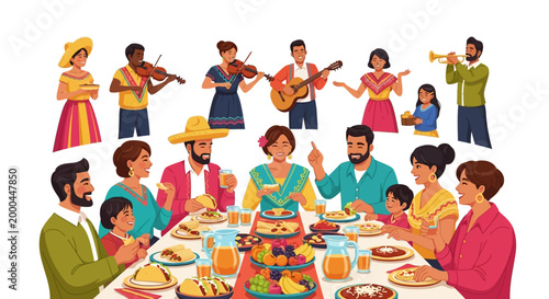 A vibrant Cinco de Mayo celebration illustration featuring a diverse group of people dining at a table laden with traditional food and drinks, with mariachi musicians playing instruments
