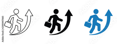 Career growth icon, business person upward arrow, success promotion symbols, professional development progress concept, corporate vector illustration