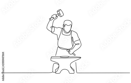 Blacksmith hammering metal on anvil continuous line art blacksmith illustration industry smithing metalworking craftsman traditional manufacturing equipment construction occupation