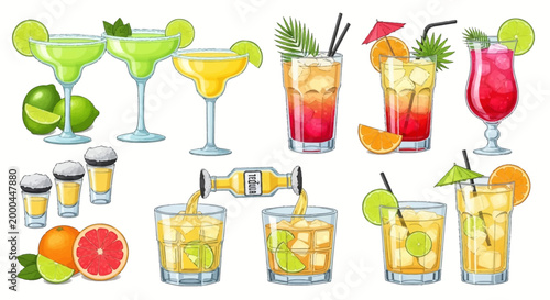 A festive collection of Cinco de Mayo cocktails and drinks is presented in a bright, colorful flat lay illustration against a clean white background, featuring margaritas, tropical punches