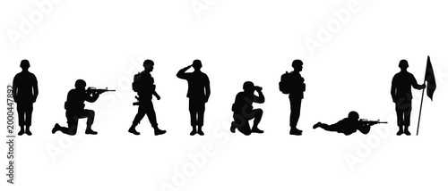 Silhouette soldiers in various poses, including aiming, saluting, and holding a flag.