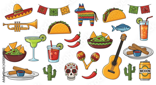 Overhead flat lay of festive Cinco de Mayo elements including a guitar, tacos, beverages, skull, and colorful decorations against a white background, creating a vibrant and celebratory mood
