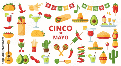 A colorful Cinco de Mayo flat lay illustration features traditional Mexican food and festive decorations like tacos, burritos, sombreros, avocados, and maracas against a clean white