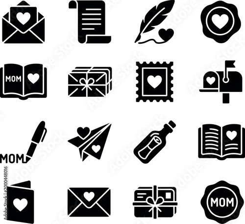 Mother's Day Collection of romantic correspondence and maternal celebration icons for greeting card design and holiday communication branding