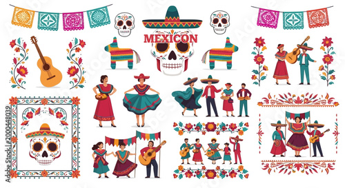 A festive Cinco de Mayo illustration features colorful traditional Mexican dancers and musicians alongside skulls, guitars, and piñatas, set against a white backdrop with vibrant decorative
