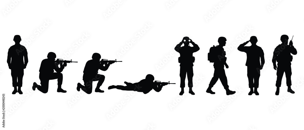 Fototapeta premium Silhouette collection of soldiers in various combat and tactical poses, ready for action.