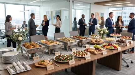A buffet-style catering setup delivered and arranged on a long office table, neutral modern decor, bright ambient light and a realistic polished corporate-event atmosphere, ultra-realistic, no logos.
