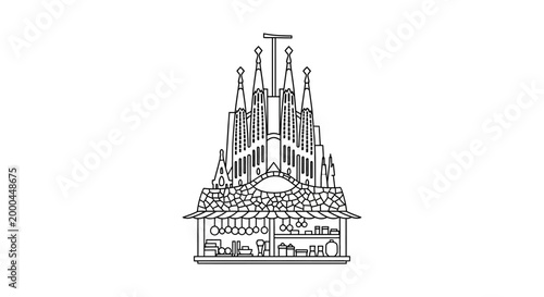 Intricate Line Art Depicting the Sagrada Familia Architectural Masterpiece.